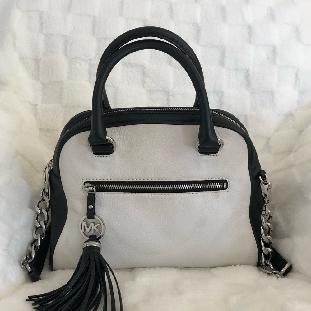 Michael Kors Black White Pebbled Leather Medium Knox Tassel Satchel.